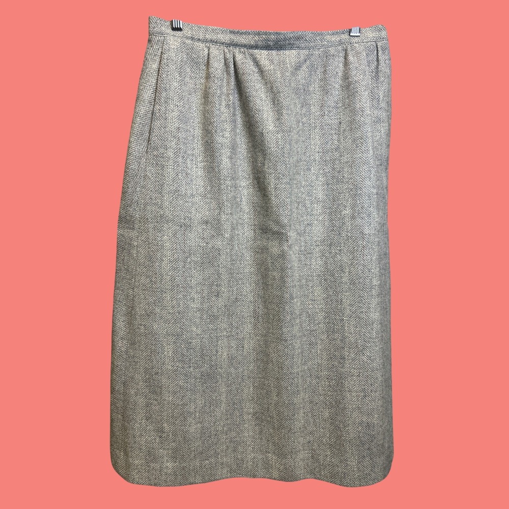 Bristol County Skirt Women 14 Gray Herringbone Wool Vintage Midi A-Line USA Made